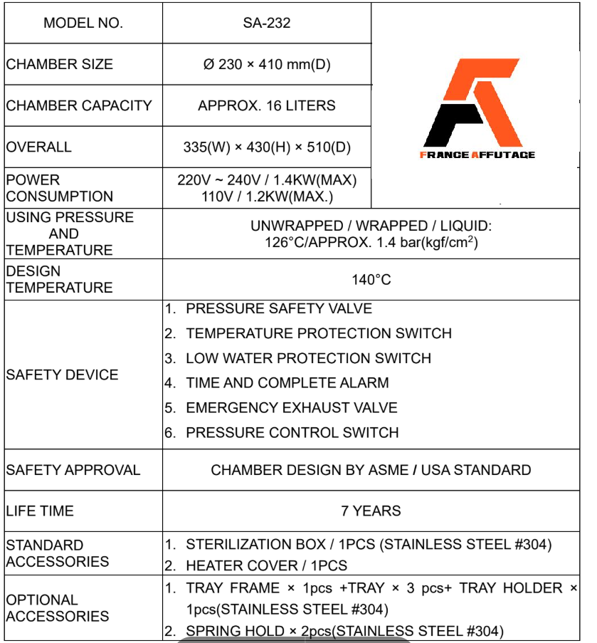 Fiche technique de l'autoclave SA-232