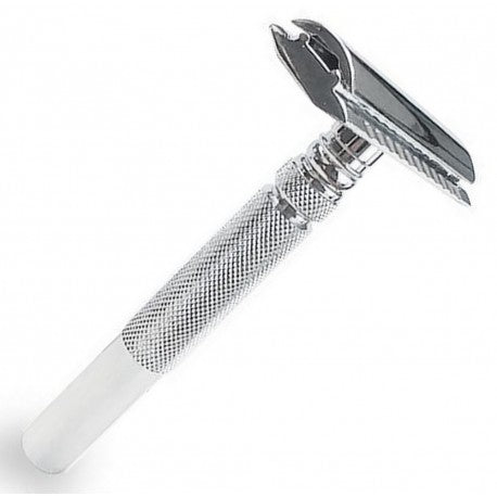 Rasoir Sureté dentelé à peigne fermé, ouv. total, strié&lisse, long 9.5cm, 105gr