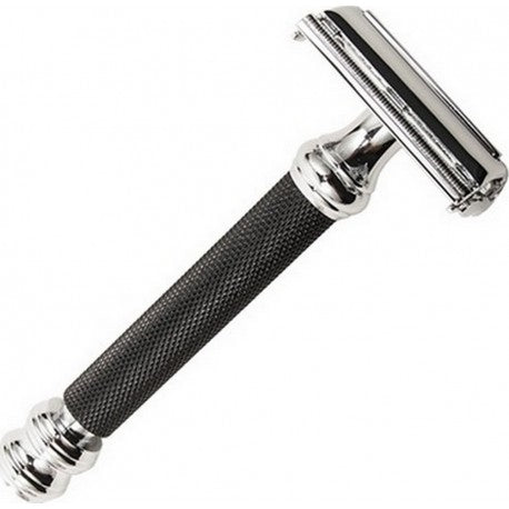 Rasoir de Sureté ouverture Papillon manche strié Noir extra long 10cm, 84gr