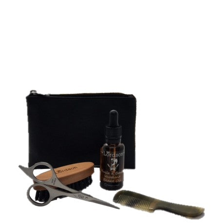 Trousse barbier petit modèle : ciseaux moustache, huile, brosse, peigne LORDSON
