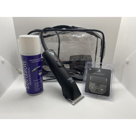 Trousse transparante + Tondeuse + lames + souffleur d'air