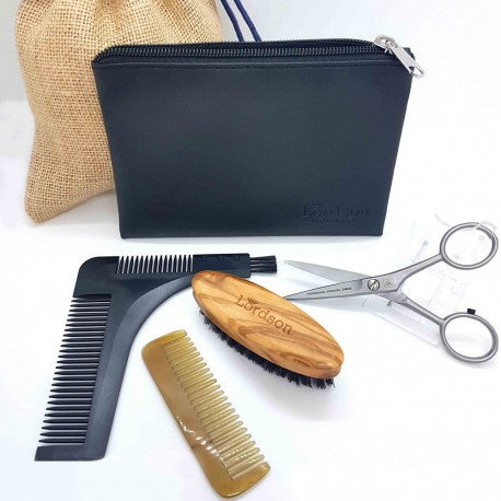 Trousse d'entretien Barbe&Moustache, brosse/peigne/ciseaux/peigne-guide LORDSON