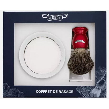 Coffret de Rasage 3P, blaireau & support, bol & savon rouge nacré PLISSON