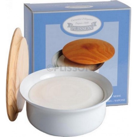 Savon à barbe dans son bol en porcelaine et couvercle en bois PLISSON